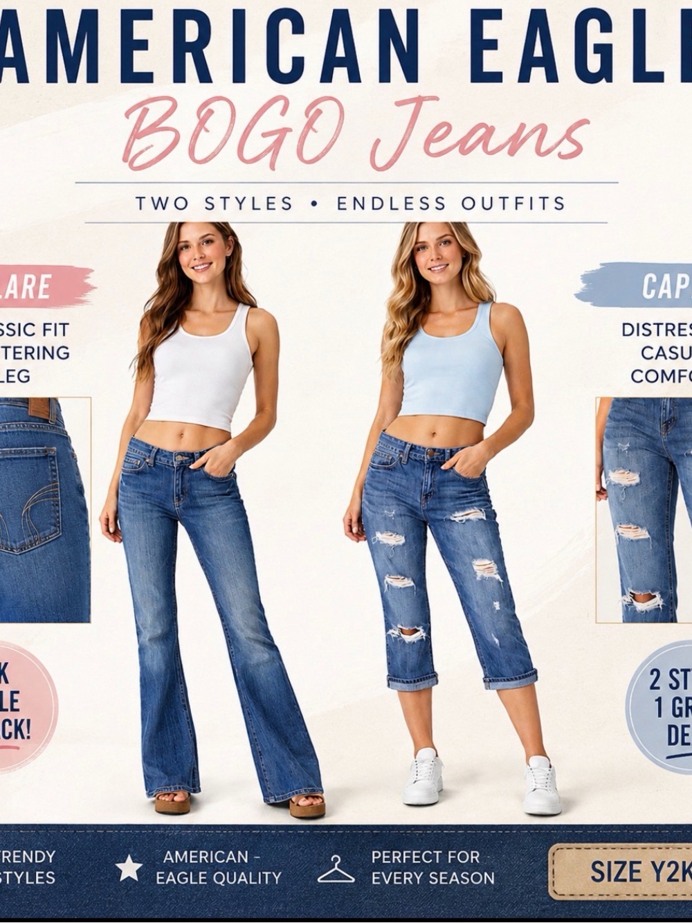 American Eagle BOGO Women’s Jeans - Distressed Capri & Flare Styles Y2K SZ 4